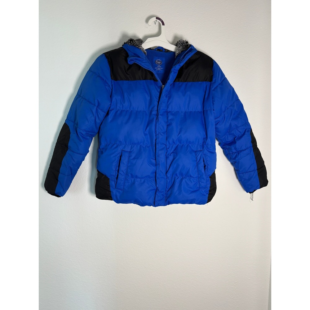 Wonder Nation Boys Blue Black Puffer Jacket Hooded Faux Fur Fleece Lined L 10-12